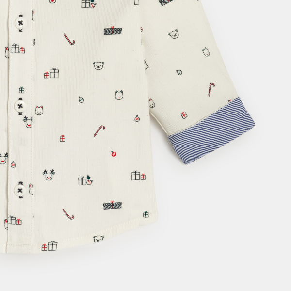 قميص مخملي بتضليعة قصيرة مطبّع، أبيض، ولادي رُضع